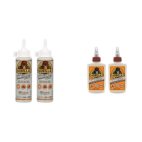 Gorilla Clear Glue, 5.75 Ounce Bottle, Clear, (Pack of 2) & Wood Glue, 4 Ounce Bottle, Natural Wood Color, (Pack of 2)
