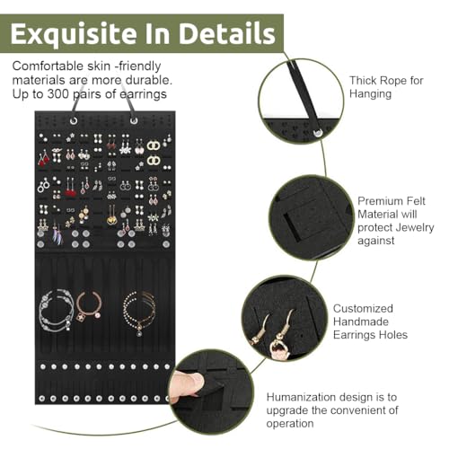 Image of HASTHIP Wall Hanging Jewellery Organizer Women, Large Necklaces Earrings Organizer Box Hanger, Soft Felt Bracelets Earrings Storage Holder Display Board Jewelry, Ear Studs, Hair Clips, Black