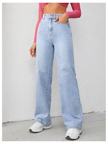 Floerns Women's Solid High Waist Jeans Zipper Fly Wide Leg Denim Pants Light Blue Small4