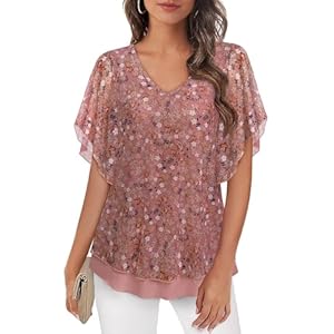 Furnex Blouses for Women Dressy Casual,Double Layers Mesh Elegant Summer Blouses,Short Sleeve V Neck Women’s Tunic Tops