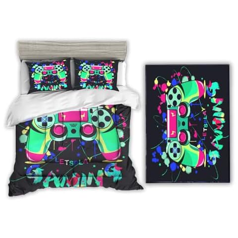 Sunnycitron Green Gamer Queen Size Comforter Set 3 Piece- Includes 1 Comforter and 2 Pillowcase and Boy Area Rug 59"x39" Cover