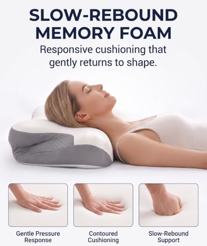 JKNJKN Low Profile Cervical Pillow for Neck Pain Relief, Orthopedic Memory Foam Pillow with Dual Height 4.3" & 5.1" Loft, Cooling Butterfly Contour with Arm Rest for Side and Back Sleepers - image 5