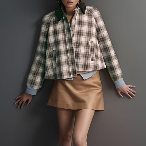 Chevara Women’s Cropped Plaid Jacket Vintage Lapel Collar Long Sleeve Zip Up Outerwear Coat with Pockets3