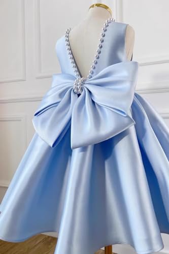 Satin Flower Girl Dresses for Wedding Pearls Bowknot Kids Sleeveless V-Back Princess Pageant Prom Short Ball Gowns3