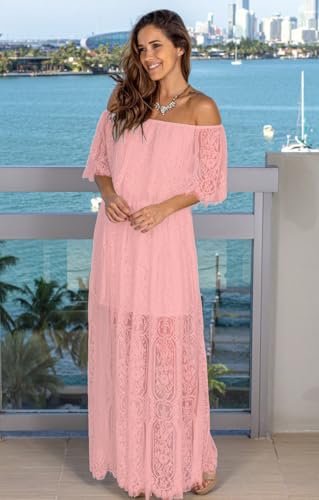 Image of Cercis Women Off The Shoulder Floral Lace Maxi Wedding Dress Boho Flowy Brides Bridesmaid Wedding Guest Formal Long Dress Pink, Medium