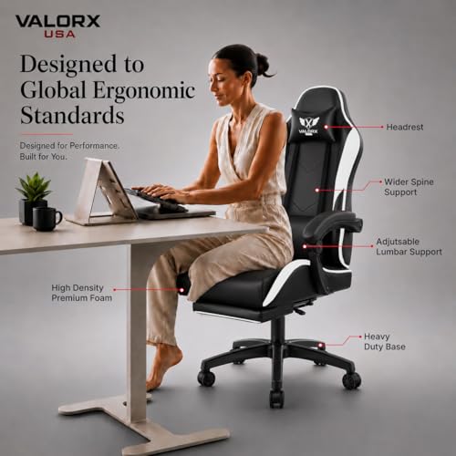 Image of ValorX USA Vector 2026 Edition I Ergonomic Gaming & Computer Chair in PU Leather | Dual Massager Back Cushion | Adjustable Neck & Lumbar Support | Ergo-Sync Armrests | Retractable Footrest (White)