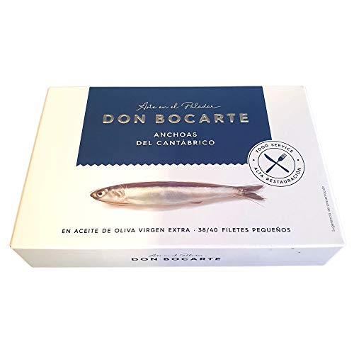 Anchoas Don Bocarte 38-40 Filetes en Aceite de Oliva Virgen Extra - Anchoas en Aceite - Anchoas del Cantabrico - Peso Neto 198 gramos - Contenido Reducido en Sal