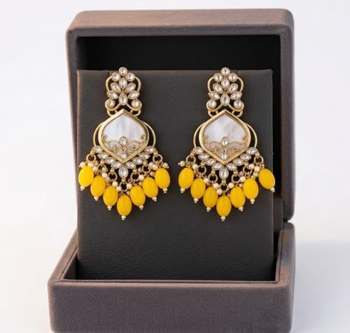 Image of Traditional 20K Gold Plated Kundan Chandbali Earrings with Black Beads and Faux Pearls for Women - Ethnic Wedding & Partyy Wear Statement Jewelry