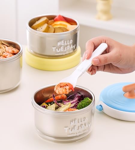 Image of House of Quirk 304 Stainless Steel 2-Layer Lunch Box | Portable Leak-Proof Food Storage Container for Office, School & Travel | Compact Soup & Porridge Box (Blue /Light Yellow)