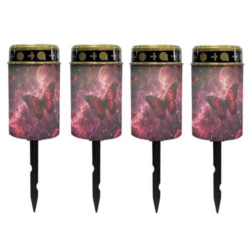 Image of Poceacles Outdoor Solar Lights Solar Grave Candle Outdoor Waterproof Cemetery LED Candles for Cemetery Lawn Porch Outside Decoration, Butterfly Rose Galaxy Moon Red, Pack of 4