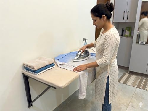 Image of NEO Premium Wall Mounted Foldable Ironing Board | 48 x 20.5 Inch Large Space Saving Ironing Table | Heavy Duty Wall Mount with Washable Off-White Cover