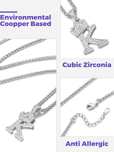 Richsteel Silver Crown Initial A-Z Necklace, Cubic Zirconia Letter Pendant with 22"+2'' Adjustable Chain, Men Women Bling Hip Hop Jewelry for Father's Day/Anniversaries/Birthdays4