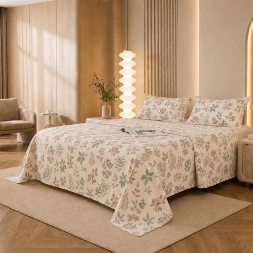 Image of Marrow Lane 300 TC Soft Air Cotton Double Bedsheet | Wild Meadow | Flatsheet with 2 Pillow Covers | Pink & Sage Floral Print (228.6 x 254 cm, Pink & White)