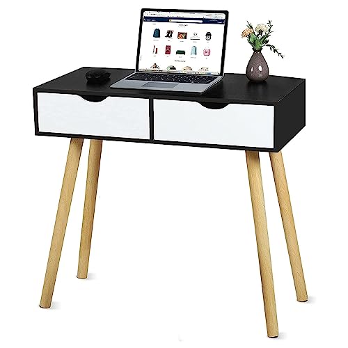 Image of Shoppee Engineered Wood Desk with 2 Drawers for, Computer Desk with Storage Shelves, Makeup Vanity Desk, Modern Writing Study Table Home Office Desks for Bedroom (Black White)