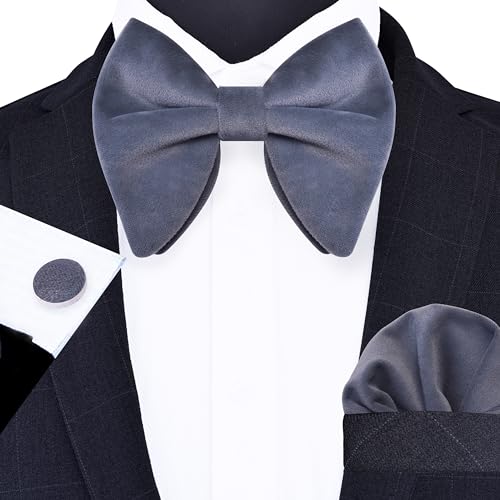 Image of GUSLESON Mens Solid Plaid Velvet Pre-tied Adjustable Bow Tie and Pocket Square Cufflink Set with Gift Box