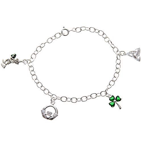 Alexander Castle Bracelet à breloques irlandais en argent sterling avec breloques Leprechaun, Claddagh, trèfle et Trinité Livré dans une boîte cadeau