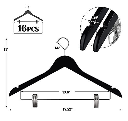 Houísm Wooden Suit Hangers Skirt Hangers With Clips, 16Pack Solid Wood Pants Hangers With Heavy-Duty Clips, Premium Smooth Finish Black Wooden Hangers For Clothes Coat, Jeans, Blouse #TOP1