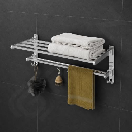 Image of GRIVAN 18-Inch Stainless Steel Towel Rack in Bathroom | Wall-Mounted Towel Stand with Hooks | Foldable Towel Holder & Cloth Hanger for Bathroom (Silver Chrome, 18 INCH)