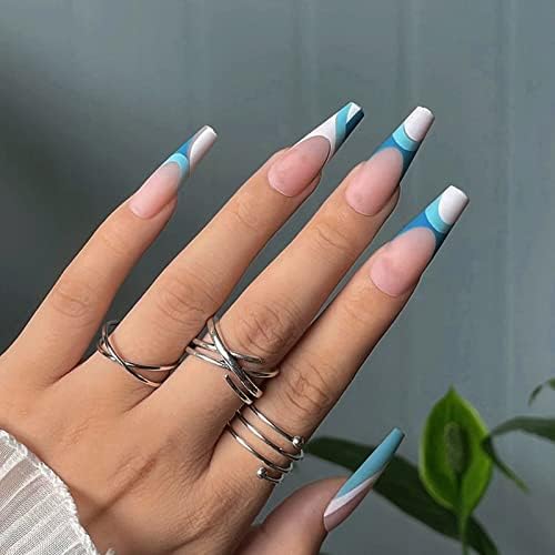 Kithue False Nails Striped White And Blue Long French Tip Press on Nails Ballerina Fake Nails For Women And Girls