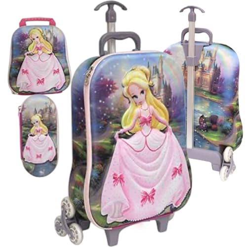 Mochila Escolar Infantil 3D Princesa, Kit com 3 Peças, 3 Rodinhas, Rosa