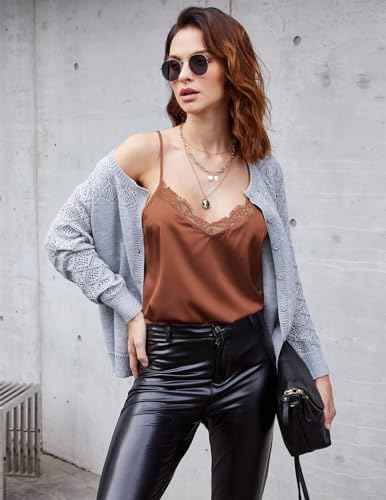 Image of Ekouaer Women's Satin Camisole Lace Silk Satin Pajama Tank Tops V Neck Soft Spaghetti Strap Loose Sleepwear Clay M