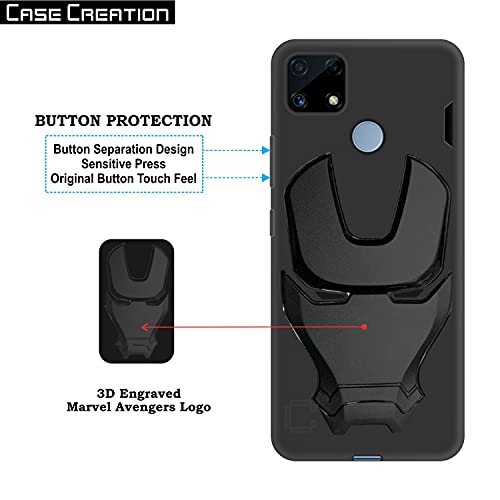 Image of COVERLY Official 3D Smooth Feel Avengers Logo Mask Soft Rugged Grip TPU Silicone Iron Man Engraved Cartoon Movie Engraved Silicone Rubber Matte Strong Back Cover for Realme C25 (6.50 inch) - Black