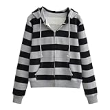 SHENDM Women's Zip Hoodies Autumn and Winter Contrast Striped Hooded Sweatshirt Women's Long Sleeve Open Zipper Loose Casual Jacket-Black-M