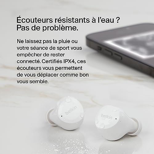 Belkin Écouteurs True Wireless SoundForm Bolt (sans fil, jusqu'à 28h d'autonomie de batterie, mode mono, certification IPX4, Bluetooth, micro, pour iPhone, Galaxy, etc.)