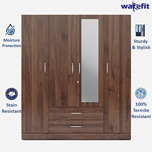 Wakefit Wardrobe | 1 Year Warranty | Engineered Wood Almirah, Cupboard for Clothes Storage | 4 Door, Mirror, 1 Drawer, 1 Hanging Space | Organza Plus - Columbian Walnut