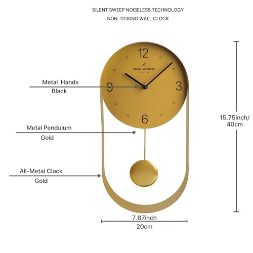 Image of Daniel Hechter Paris Aveyron Collection Wall Clock, Silent Sweep Non-Ticking Quartz Movement,15.75Inch(40 cm) Gold Dial, Oval All-Metal Frame,Metal Pendulum,Modern Clock for Home & Office - DHCL1006