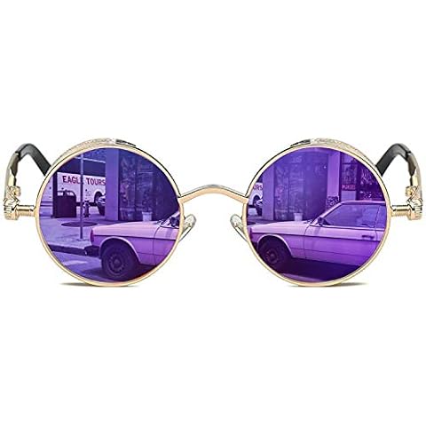 ROCKNIGHT Gothic Steampunk Round Polarized UV400 Protection Sunglasses Unisex, Golden Frame/Purple Lens, Medium Cover