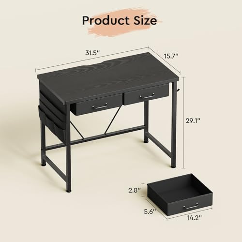 Maihail Maihail Small Desk with Drawers, 31.5 inch Computer Desk with Drawers, Small Office Table with Metal Frame, Black
