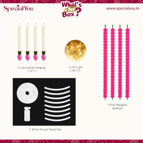 Image of SpecialYou Ganpati Decoration Setup for Home with Round Backdrop Stand, 4 Lotus Bud Hanging & Pink Marigold Garlands for Decor | Ganpati Decoration Stand for Home | Ganapati Decorations Item- 10Pcs