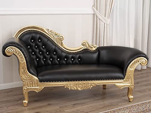 Image of Chaise Lounge Royal Carving Sofa Design Golden Polished and Leatherette Cover (Black) - 3 Seater
