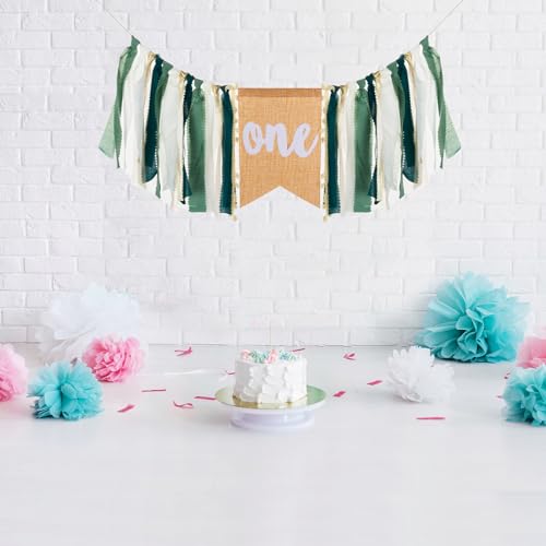 Image of Wild Safari Jungle Highchair Banner for 1st Birthday Decorations - Dark Green Burlap Banner with Adjustable Twine, Cake Smash Photo Props, Woodland Theme Party Decor for Boys & Girls