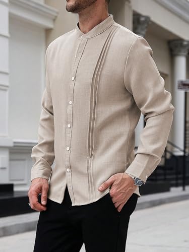 Image of TAGDO Men's Mandarin Collar with Button-Down Shirts | Full Sleeve Linen Casual Shirt for Man | Stylish Summer - Regular Fit Office, Party (2047)