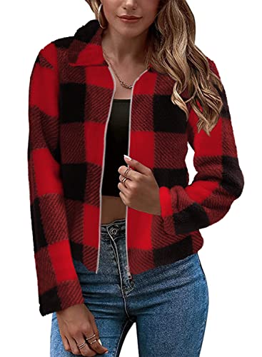 Yanekop Womens Fuzzy Fleece Crop Top Sherpa Plaid Zipper Jacket Coat Lapel Shearling Sweater(01 Black Red Plaid,Xl) #TOP30