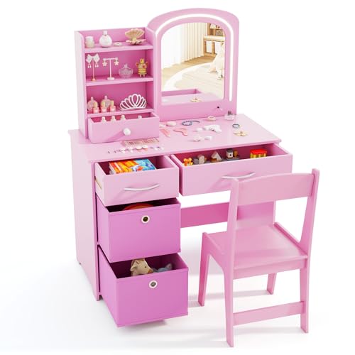 Image of HONEY JOY Kids Vanity, Little Girls Vanity Set with Mirror and Stool and Lights, Wooden Princess Makeup Dressing Table, Storage Box & Shelf, Pretend Play Kids Vanity Table and Chair Set(Pink)