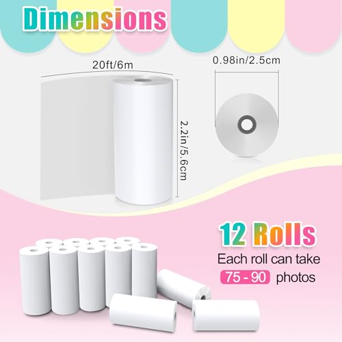 12 Rollen Thermopapier - Hikkon Druckpapier für Kinder Druck Kamera,56 mm Sofortbildkamera Druckpapier Null Tinten Nachfüllpapier(Weiß-12)