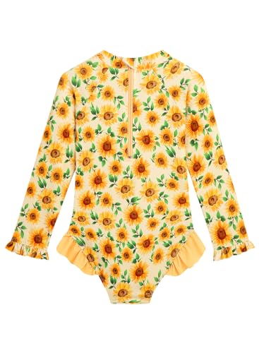Image of Baby Toddler Girl Long Sleeve Ruffle Swimsuit One Piece Zipper Rash Guard Bathing Suit with UPF 50+ Sun Protection