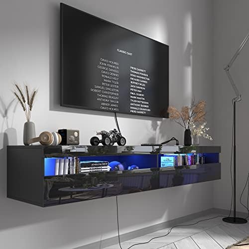 EXQUAL Floating TV Stand with Led Lights & Power Outlet, 70'' High Gloss Wall Mounted Entertainment Center Console with Large Storage Cabinet, Modern Floating TV Shelf for 60/65/70/80 inch TV (Black)