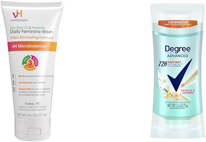 vH essentials Tea Tree Oil & Prebiotic Daily Feminine Wash, 6 Fl Oz & Degree Advanced Protection Antiperspirant Deodorant Vanilla & Jasmine, 2.6 oz