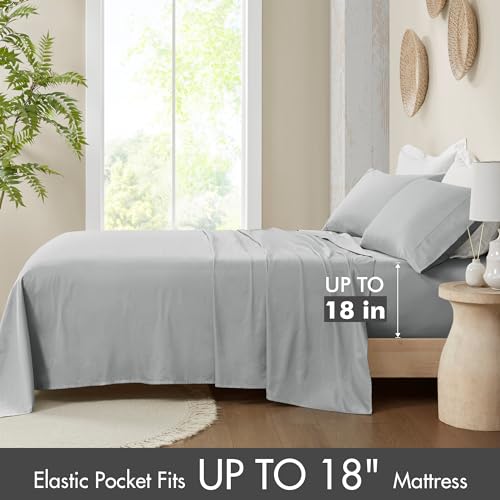 Image of Madison Park Organic Cotton Sheets 300TC, Queen Size Bed Set, Grey 4 Piece