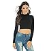 LONGBIDA Women's Long Sleeve Mock Neck Pure Soft Thin Sexy Stretch Crop TOP T Shirt(Black,L)