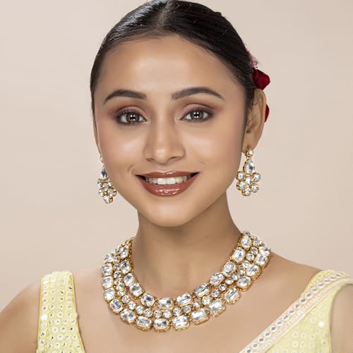 Image of Peora Crystal Studded Gold Plated Layered Long Necklace & Dangle Earring Jewellery Set for Women & Girls