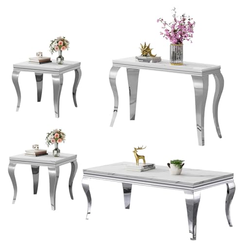 Image of Luxury Coffee Table Set of 4, Coffee Table with 2 End Tables, 1 Sofa Console Table, Modern 4 Piece Living Room Table Set with Faux Marble Top & Silver Stainless Steel S Legs for Apartment Home Office