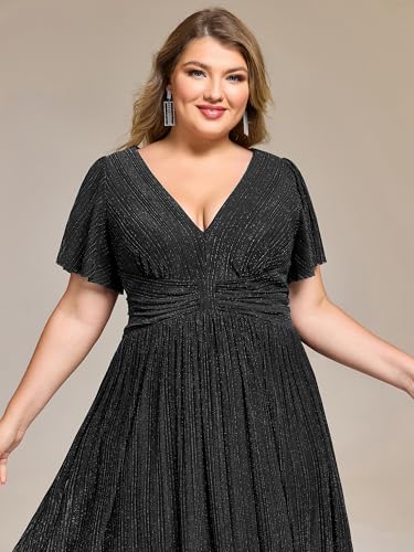Image of Ever-Pretty Plus Women's V Neck Short Sleeves A Line Glitter Midi Plus Size Formal Wedding Guest Dresses