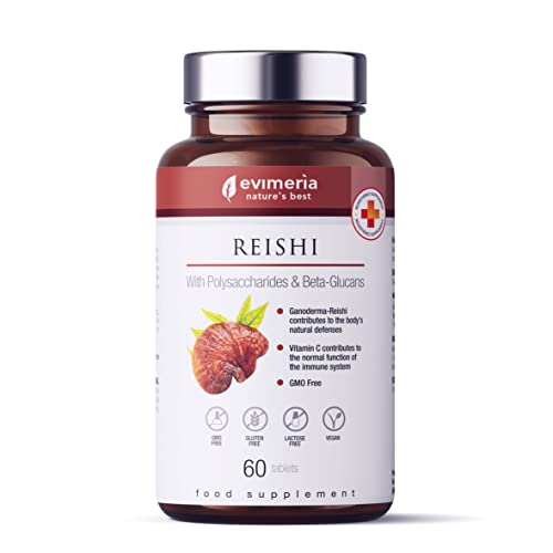 EVIMERIA Suplemento de hongos Reishi - Ganoderma Lucidum | Con vitamina C, polisacáridos y beta-glucano | Cápsulas naturales de las defensas inmunitarias | No OGM y lactosa | Calidad italiana Cover