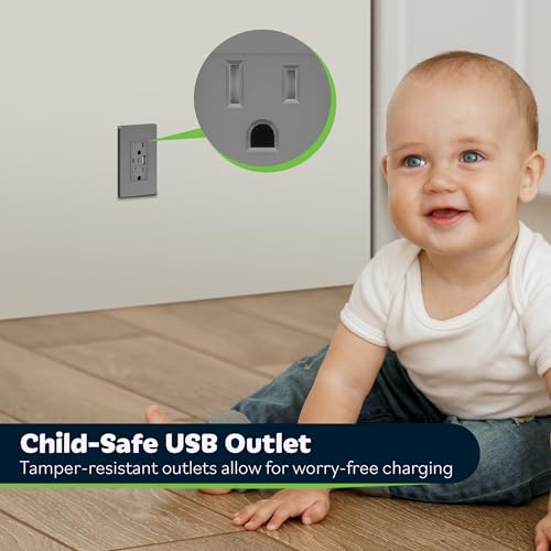 Image of TOPGREENER 4.2A 3-Port Type C USB Outlet, 15 Amp Receptacle Plug, Charging Power Outlet with Dual Type C&A Ports, Screwless Wall Plate Included, UL Listed, Residential Grade, Gray, 2 Pack