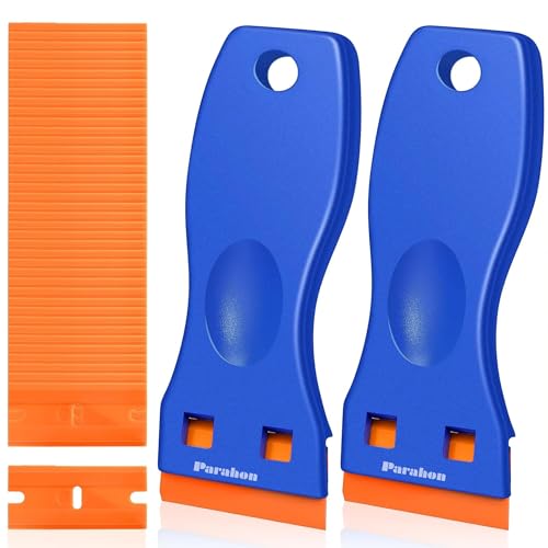2PCS Plastic Scraper with 100 Plastic Blades Multipurpose Non-Scratch Scrapers Tool Kit for Cleaning Labels Decals Stickers Adhesive Paint Glass Car Windows (100Blade + 2 Scraper)